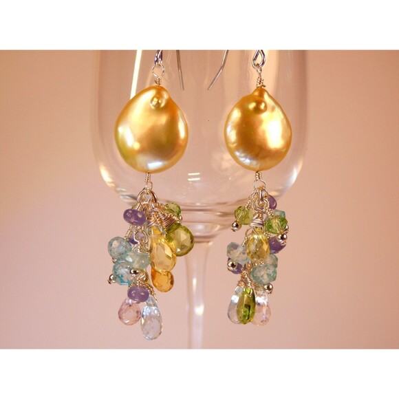 Pearl Aquamarine-Tanzanite-Yellow Quartz-Rock Quartz Sterling Beaded Earrings - Picture 6 of 7
